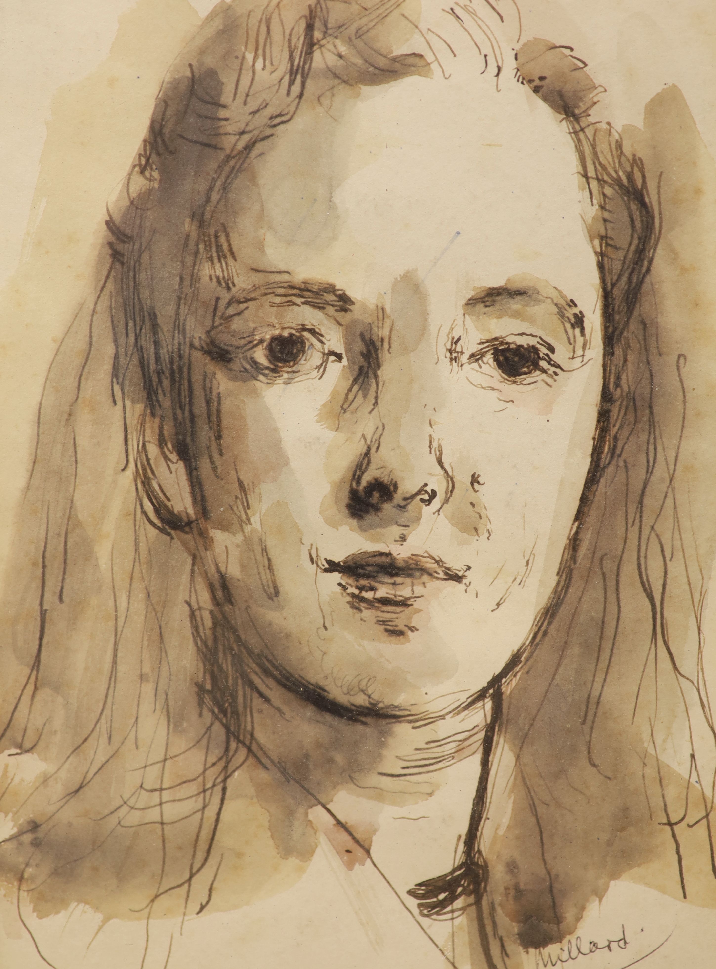 Patrick Ferguson Millard (1902-1977), ink and watercolour, Head study, signed with label verso, 24 x 17cm
